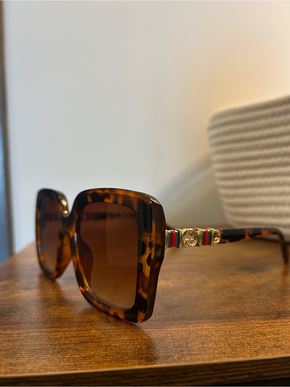 Gucci Tortoiseshell Square Sunglasses with Gold and Green-Red Trim